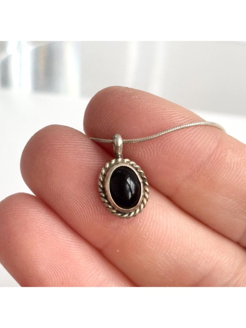 Art Deco Black Onyx Rope Sterling Silver 925 Oval Vintage Pendant Necklace - 16" - Picture 14 of 16